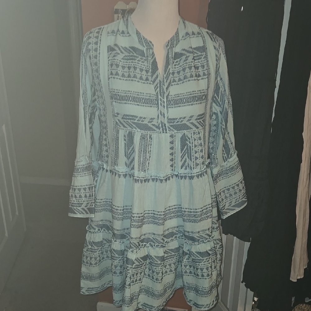 Elan Blue and White Patterned Midi Dress